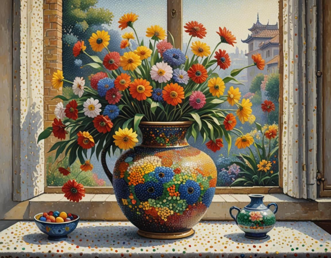 Pointillist Chinese Vase with Flowers