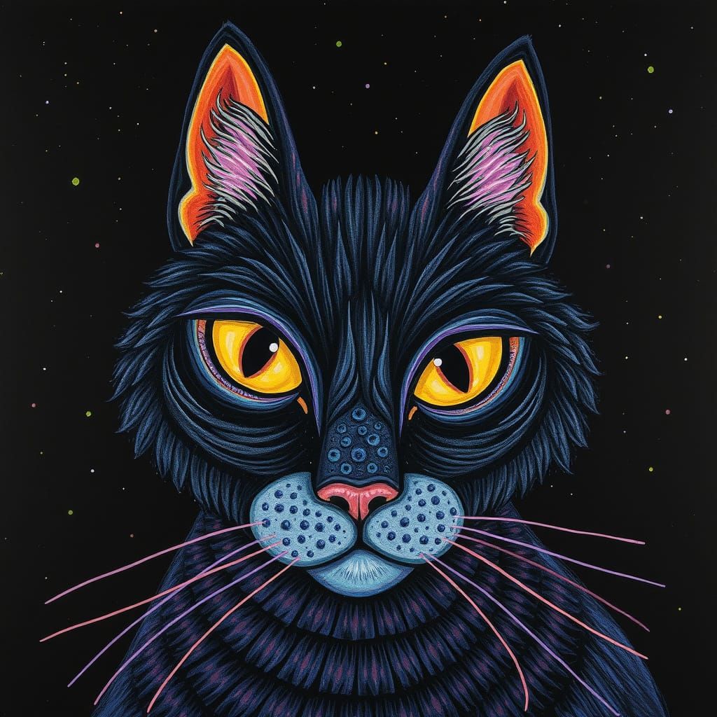 Psychedelic Velveteen Cat in Black Night Sky