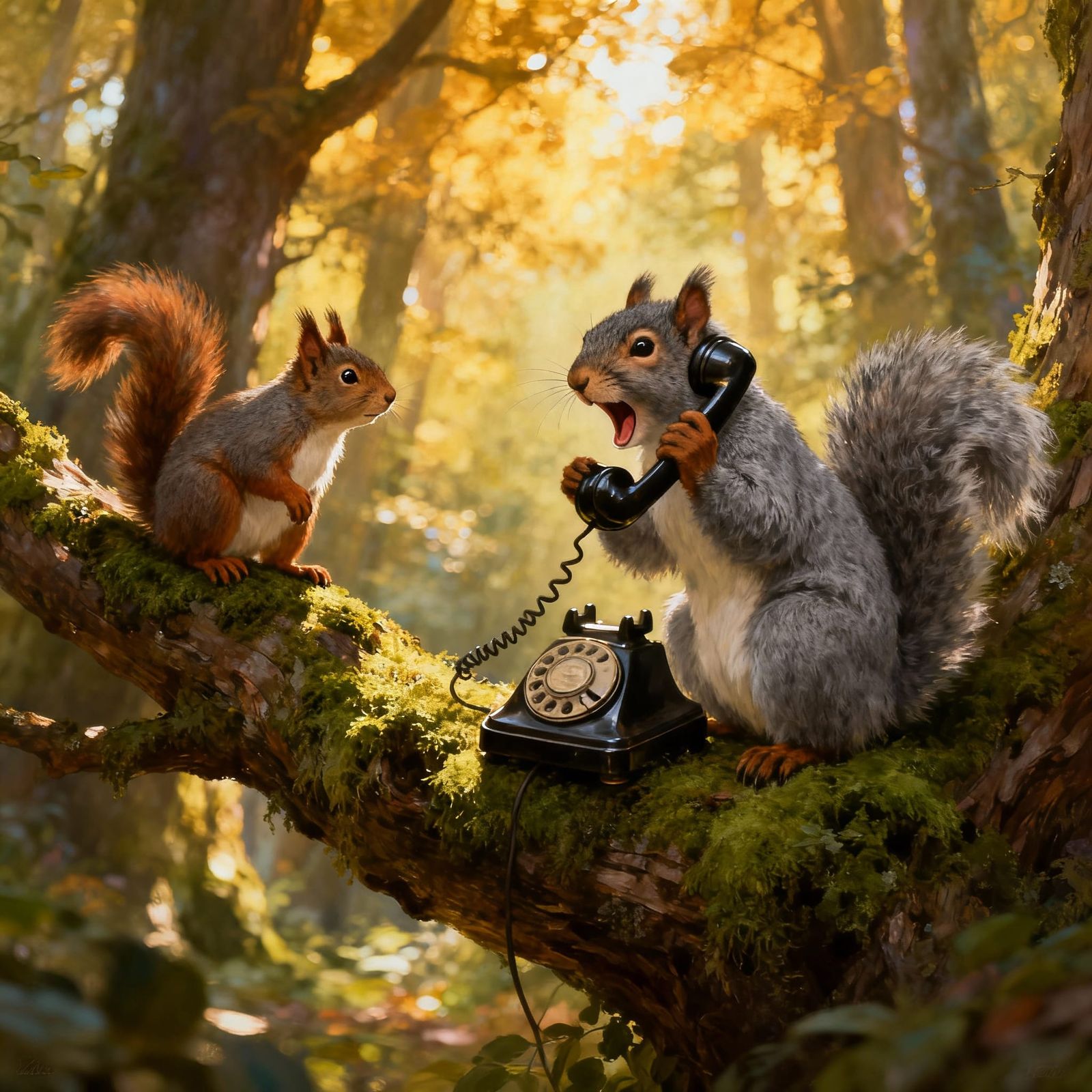 Whimsical Squirrels Chatting on a Forest Branch