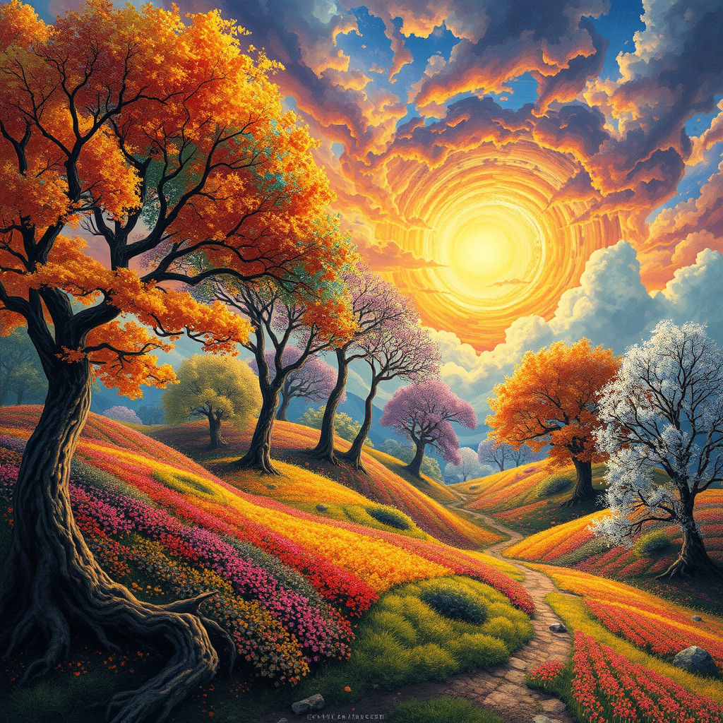 Surreal Seasons Fusion in Dreamlike Landscape