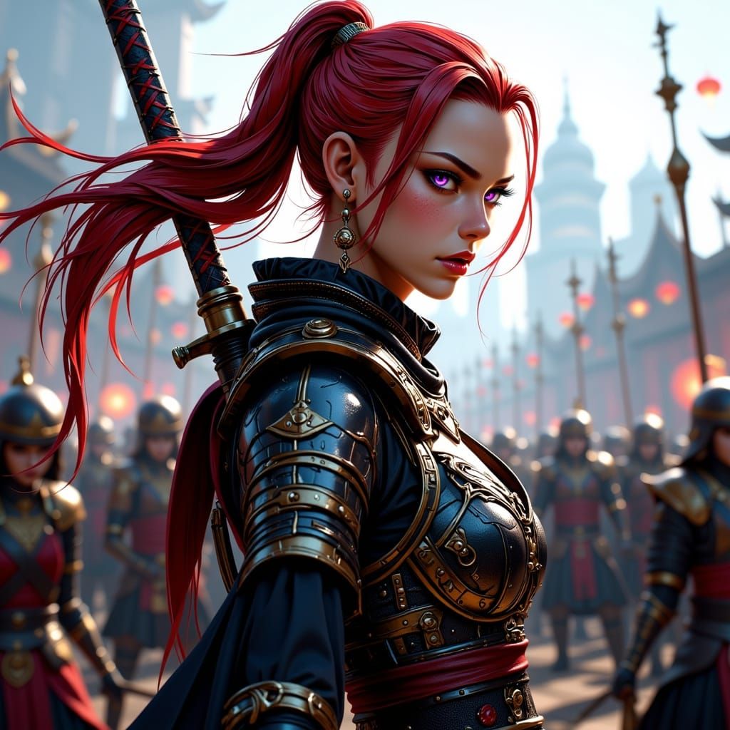 Feudal Warrior Woman in Battle, Red Hair Flying