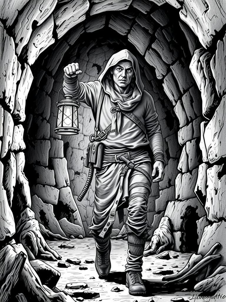 Frightened Explorer in Dark Dungeon, Inked Black and White