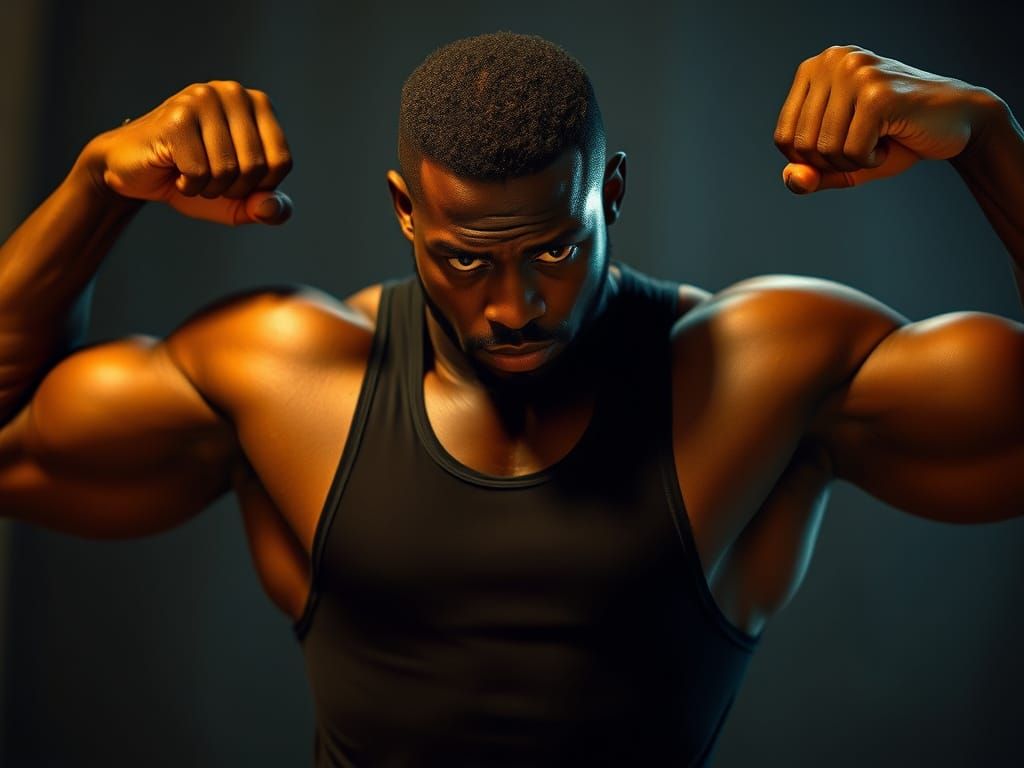 Muscular Man Posing Heroically in Cinematic Film Still