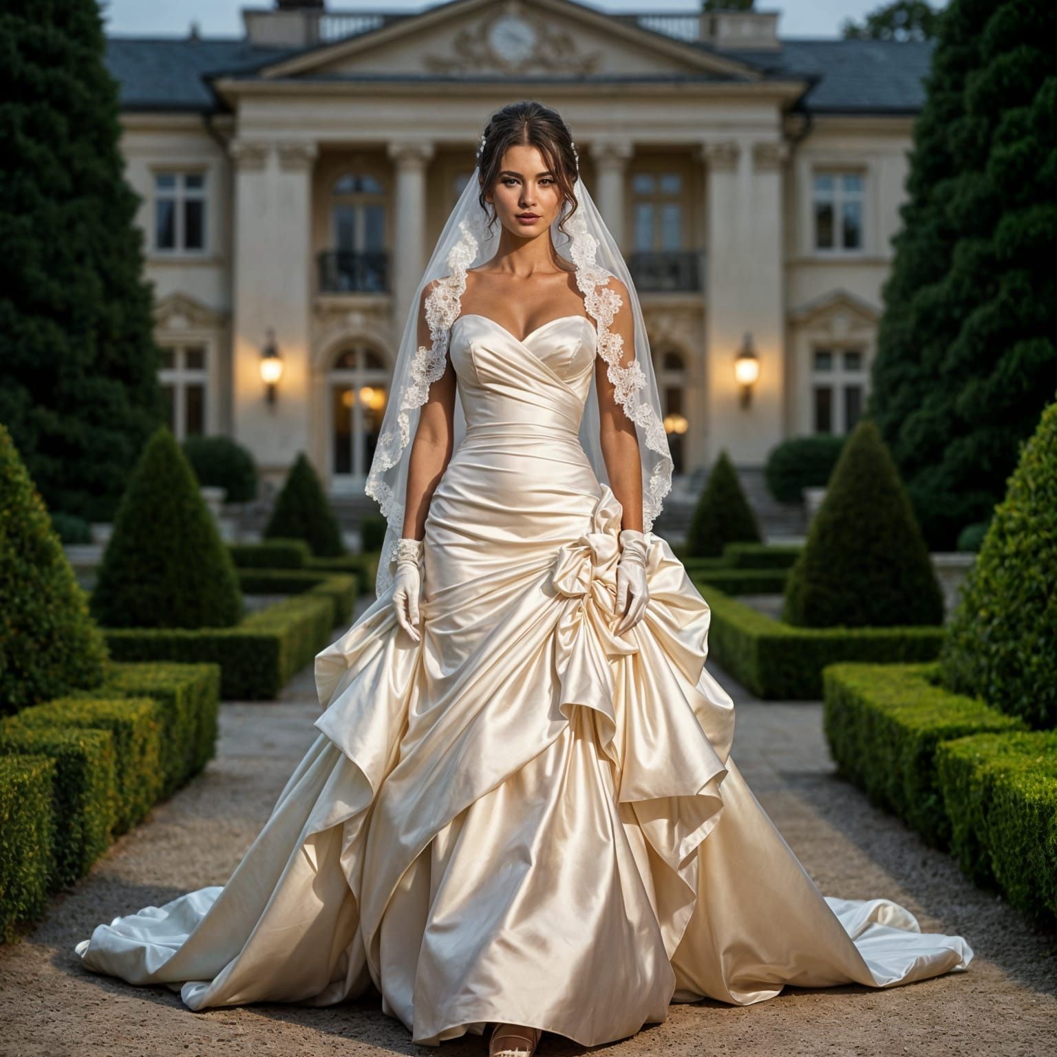 Woman in Elaborate Gown in Opulent Garden