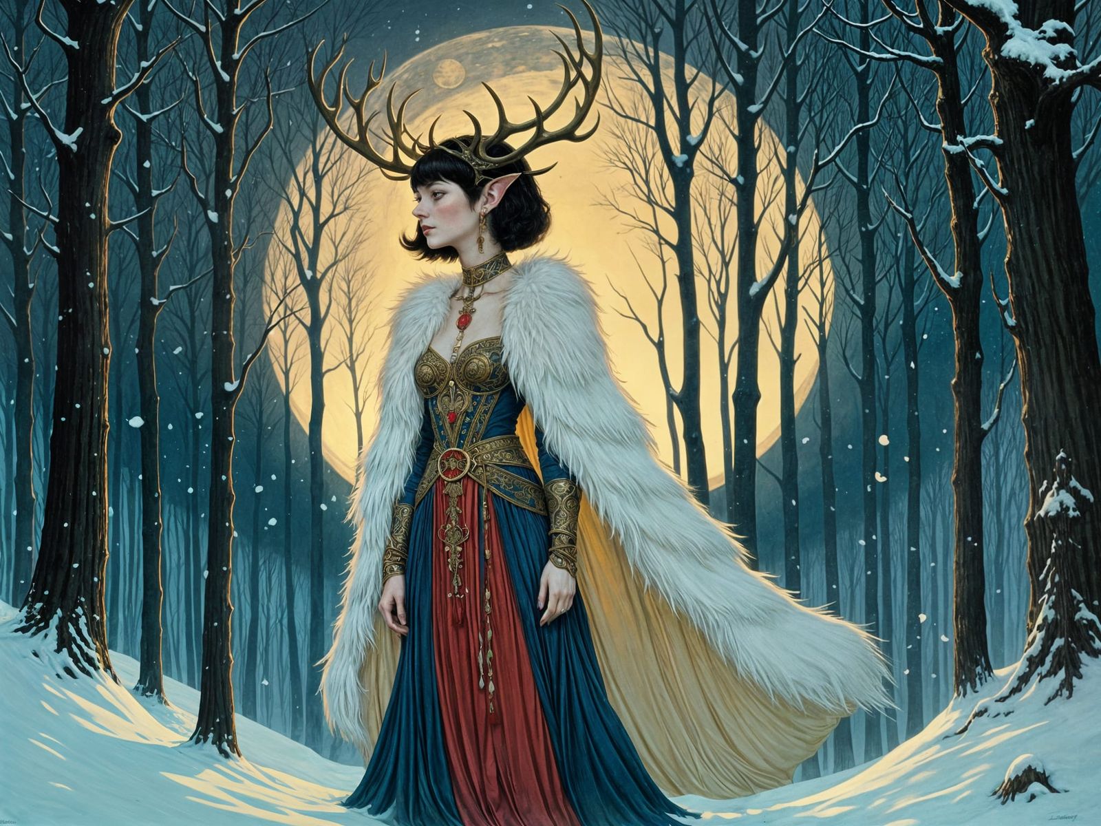 Enchanting Winter Queen with Antlers in Snowy Forest