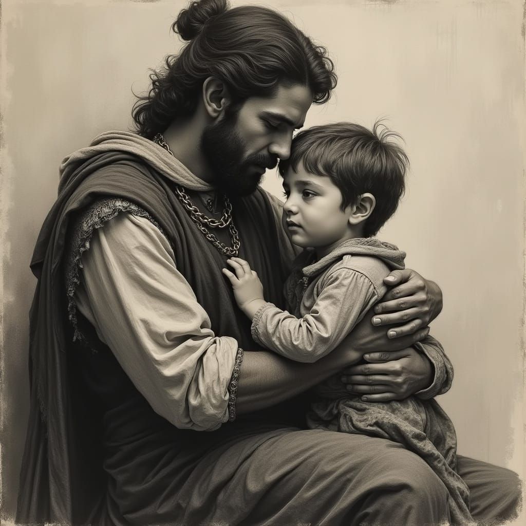 Father Embraces Son in Da Vinci Style Charcoal Sketch