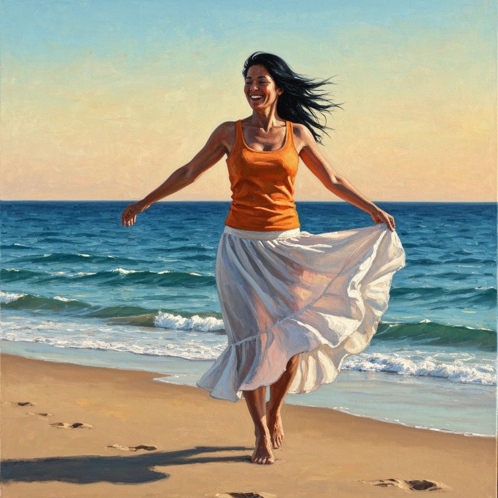 Woman Dancing on Beach as Impasto Painting