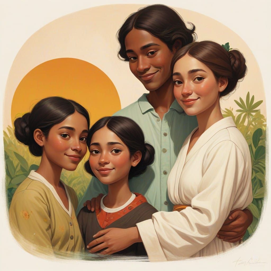 Serene Gathering in Folk Art Style