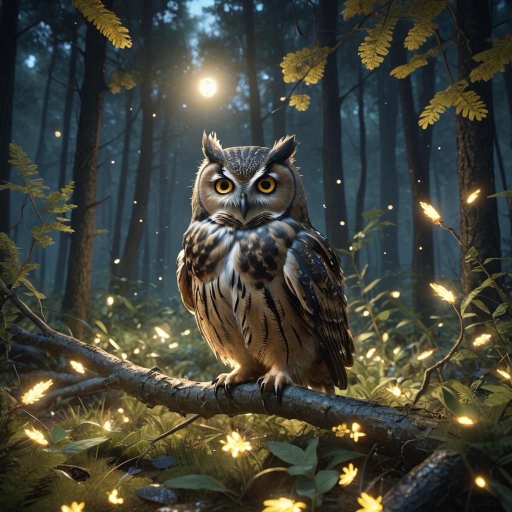 Fluffy Owl in Bioluminescent Nightforest: Unreal Engine Art