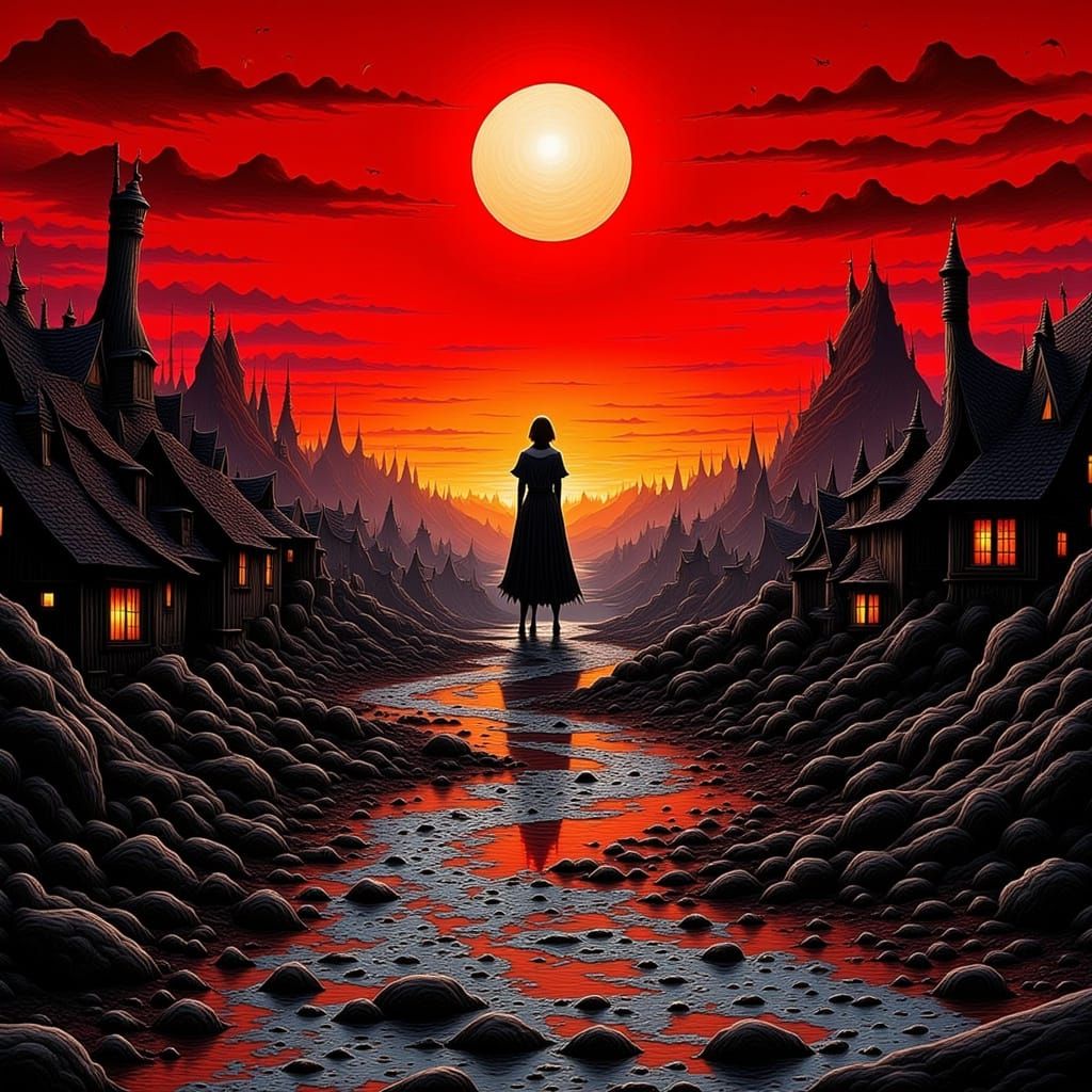 Warrior in a Blood Red Sky Over Twisted City