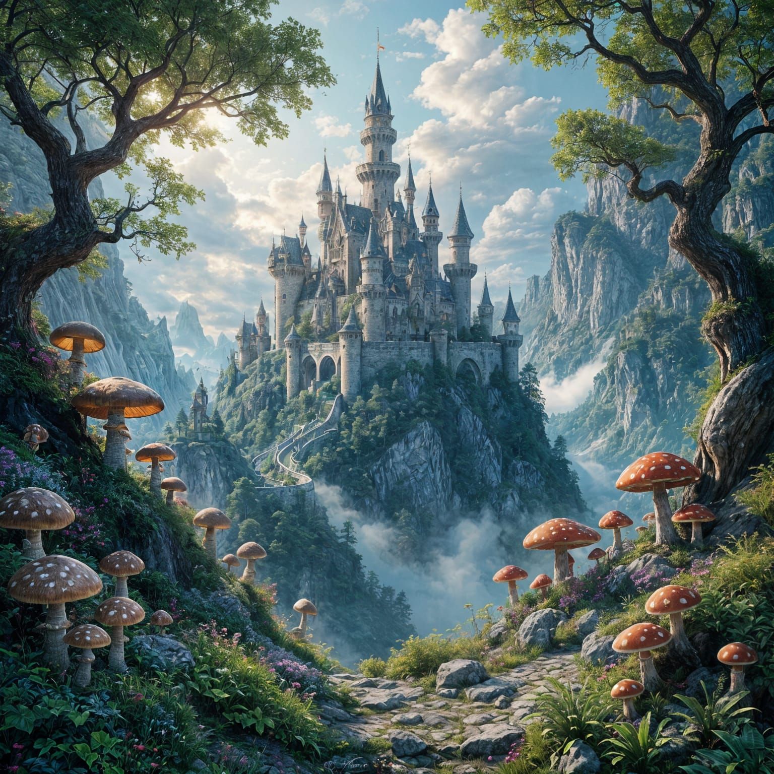 Enchanted Forest Landscape with Castle, Mystical Light