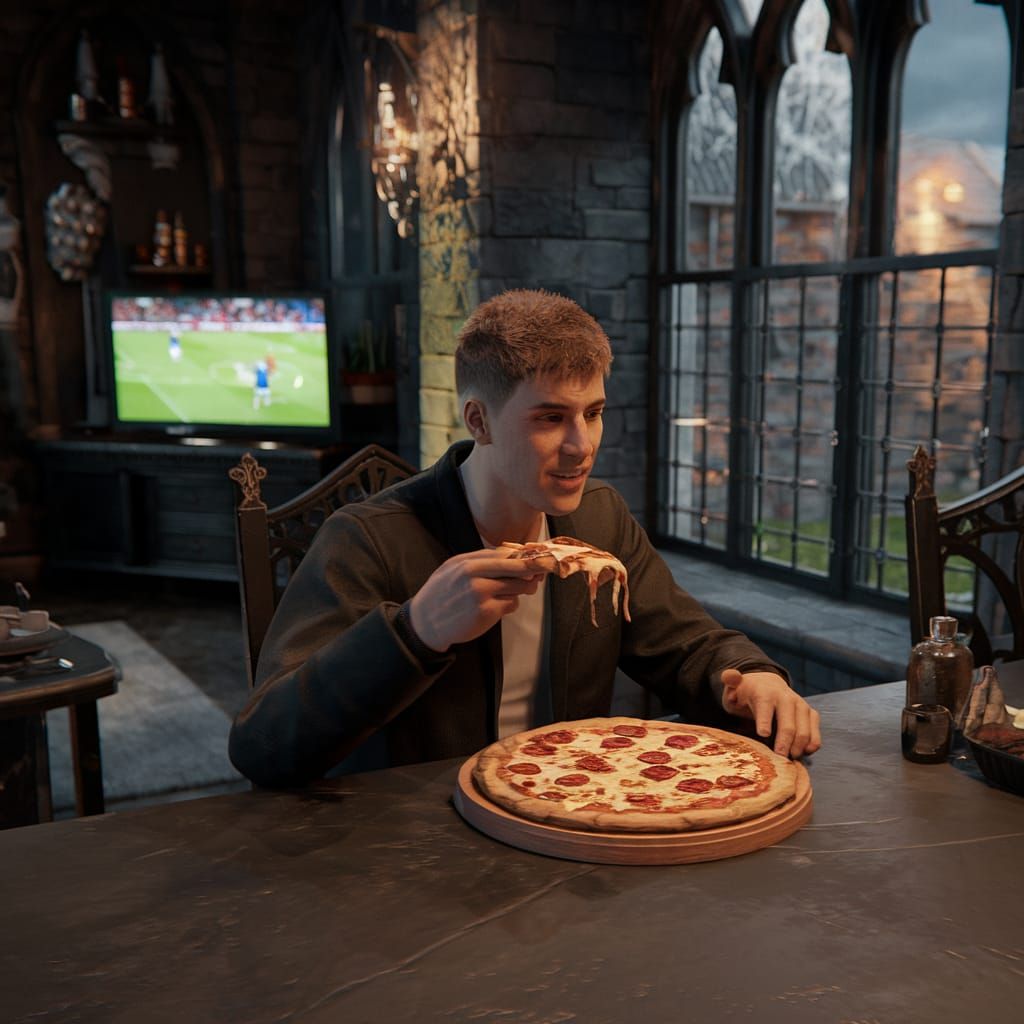 Young Man Ready to Eat Pizza in Gothic Home