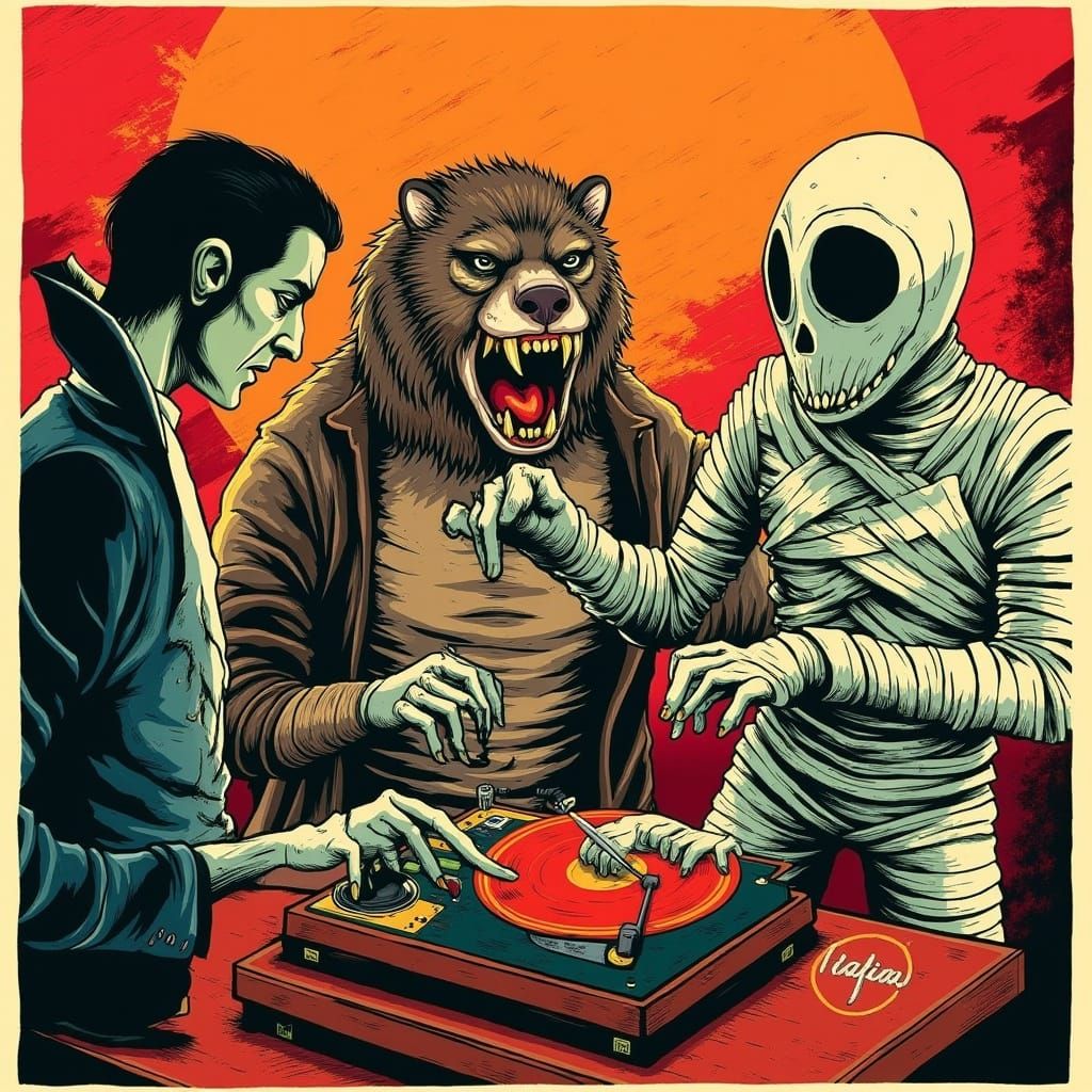 1970s Retro Monsters Dancing Around Record Player