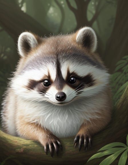 Whimsical Chibi Raccoon in Elegant Forest Glade