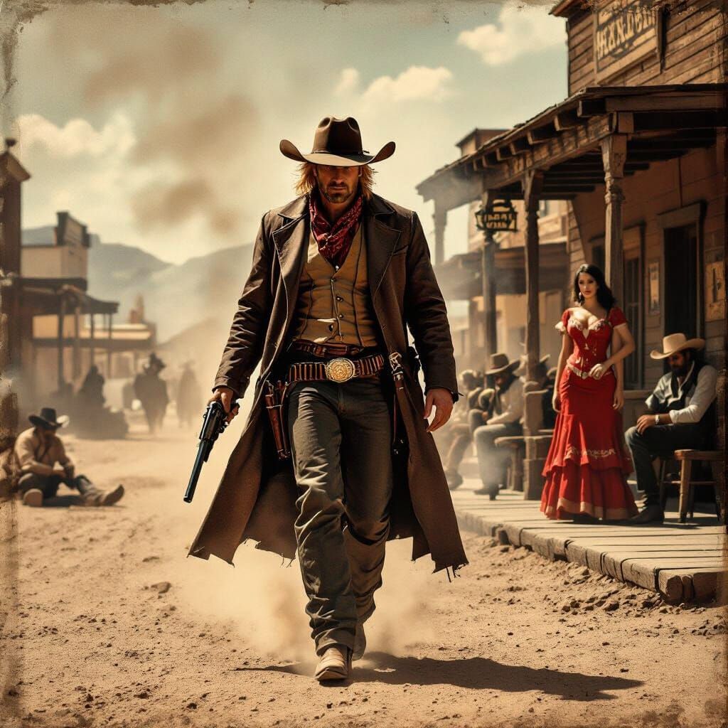 Gritty Cowboy in Sepia Old West Scene
