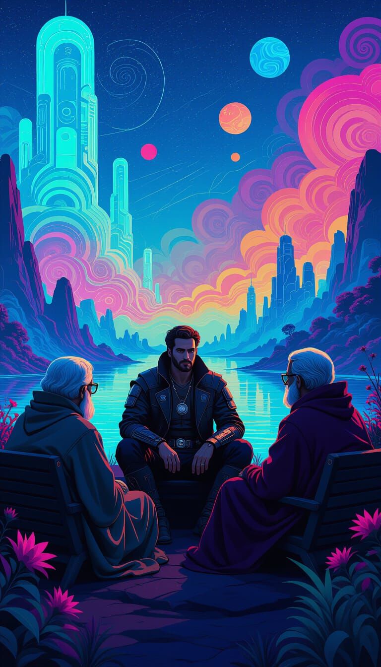 Time Traveler's Neon-Lit Encounter with Wise Elders