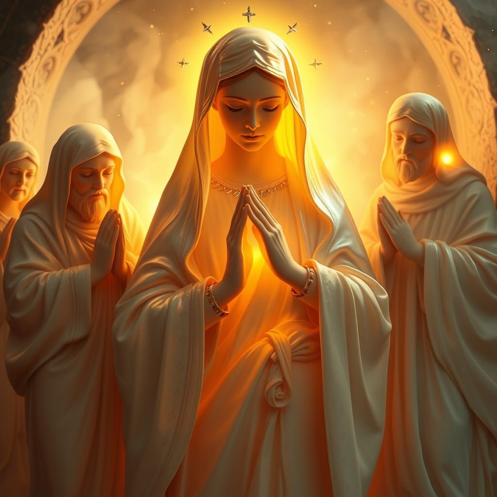 Ethereal Madonna Praying with Saints in Iridescent Light