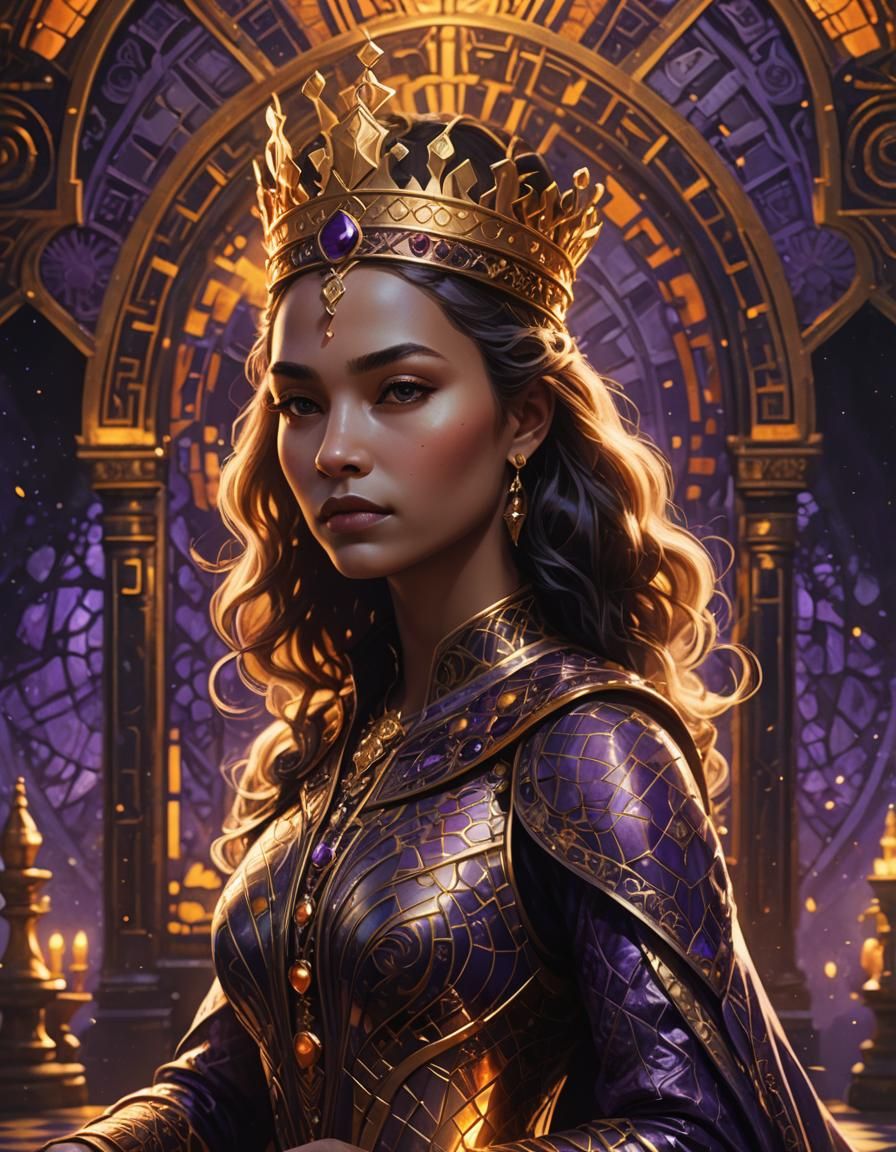 Lonely Queen on Golden Chessboard in Art Deco Style