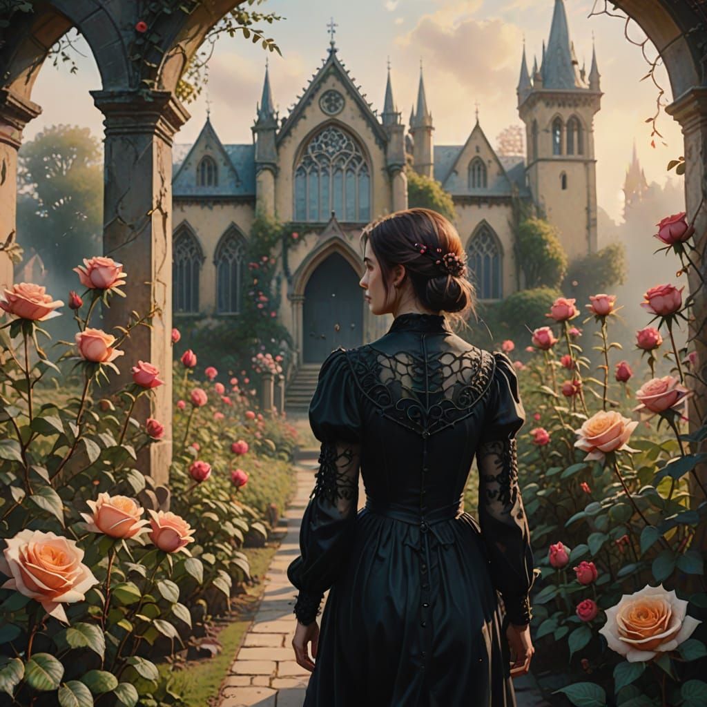 Woman in Gothic Rose Garden Watercolor Painting