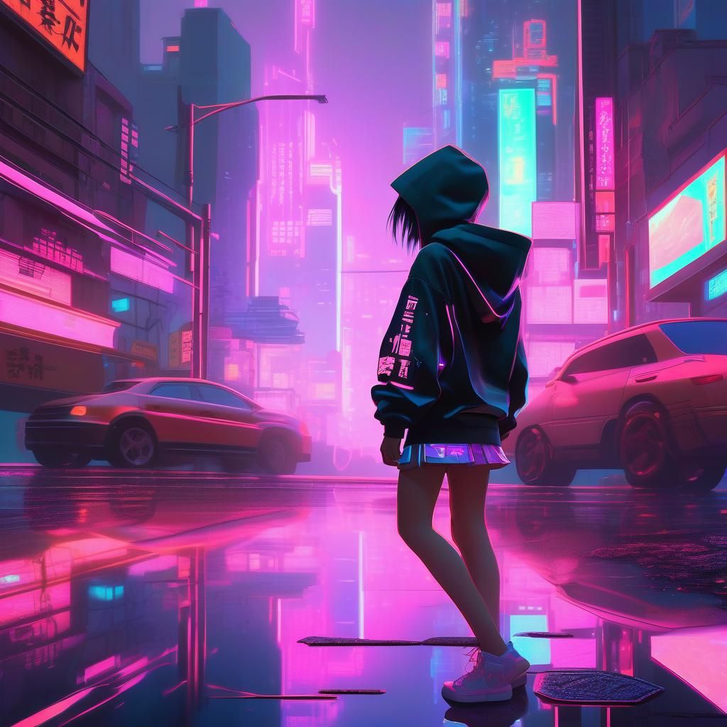 Cyberpunk Girl in Neon Cityscape: 3D Anime Art