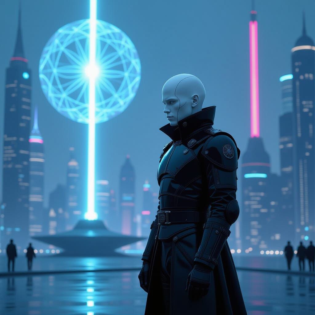 Cyberninja Soldier in Utopian Cityscape