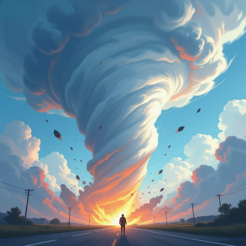 Cartoonish White Tornado with Swirling Debris