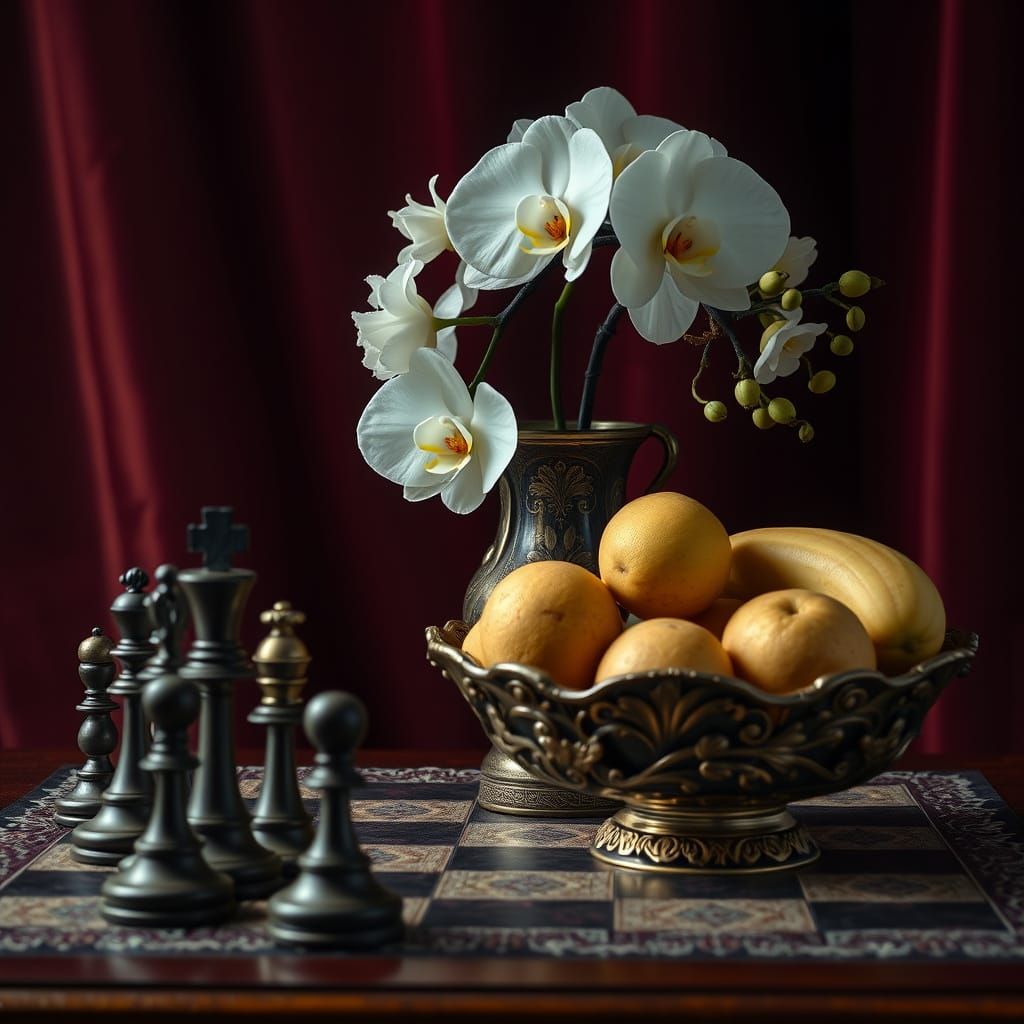 Ornate Still Life with Chess and Orchids