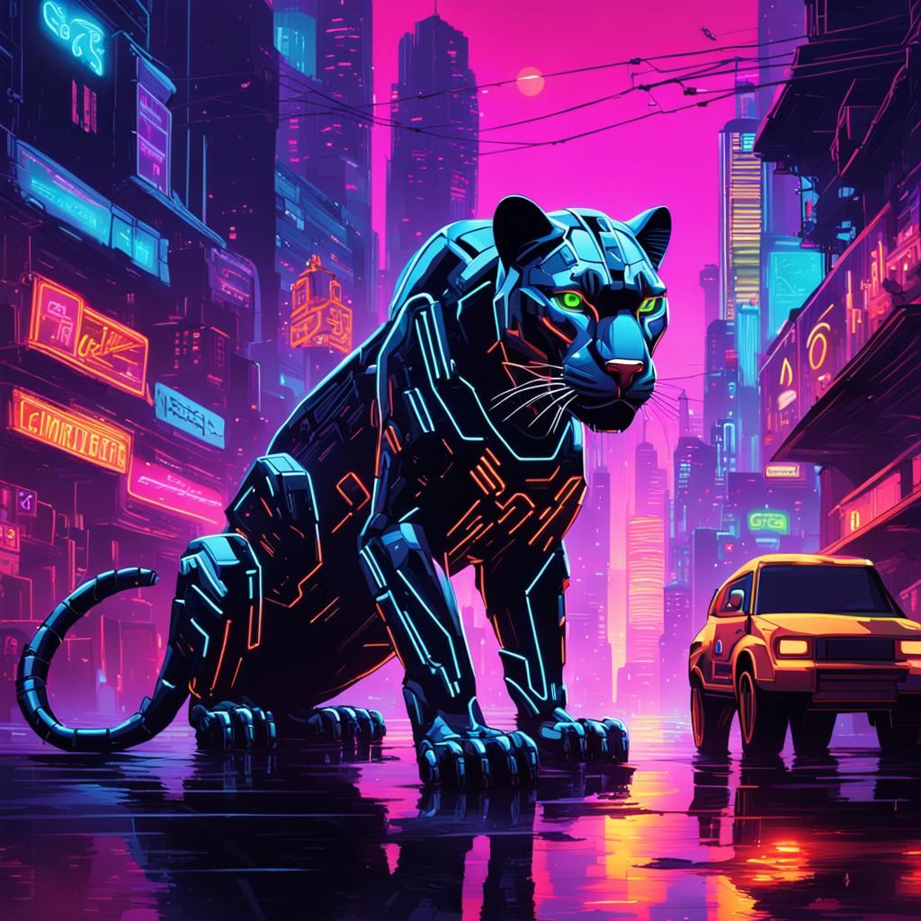 In a neon jungle, a sleek robotic panther with cybernetic eyes roams this neon cyberpunk cityscape. All this bringing ou...