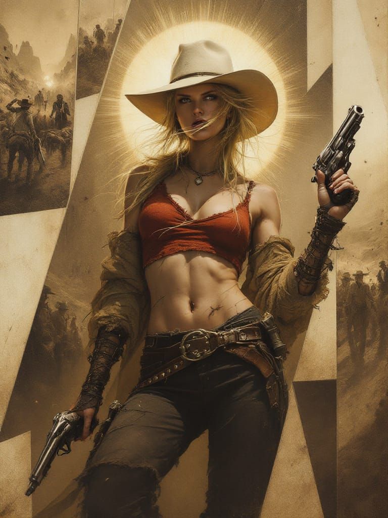Cowgirl in Sun Halo Amidst Western Chaos