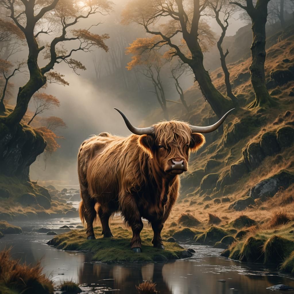 Majestic Highland Cow in Ethereal Scottish Glen