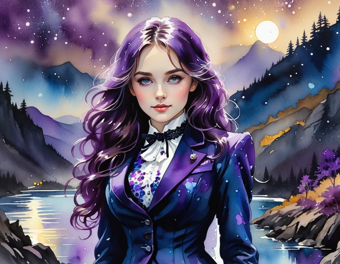 Victorian Woman in Bioluminescent Forest, Ink and Watercolor