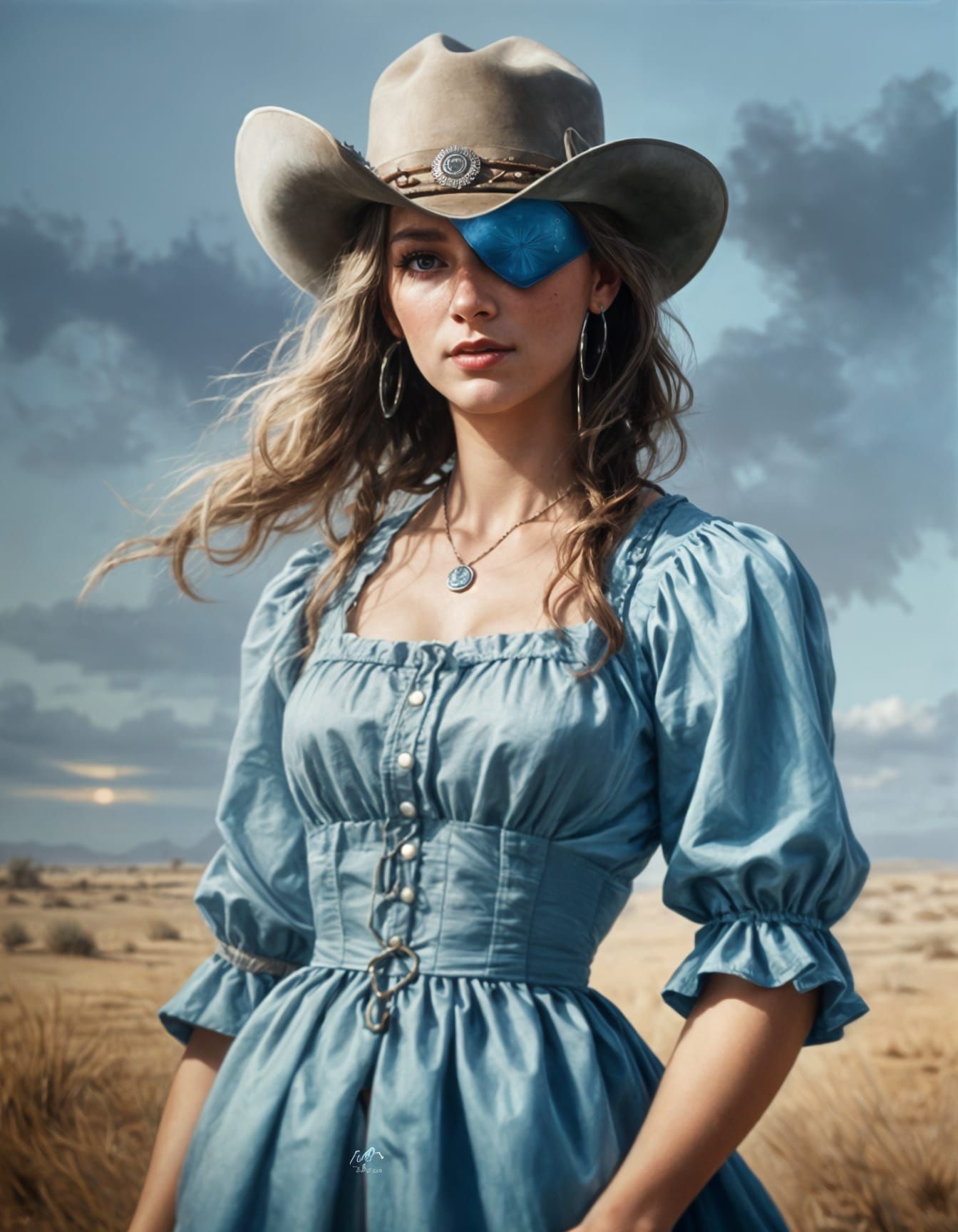 Cowgirl Portrait with Blue Dress and Magnum Revolver