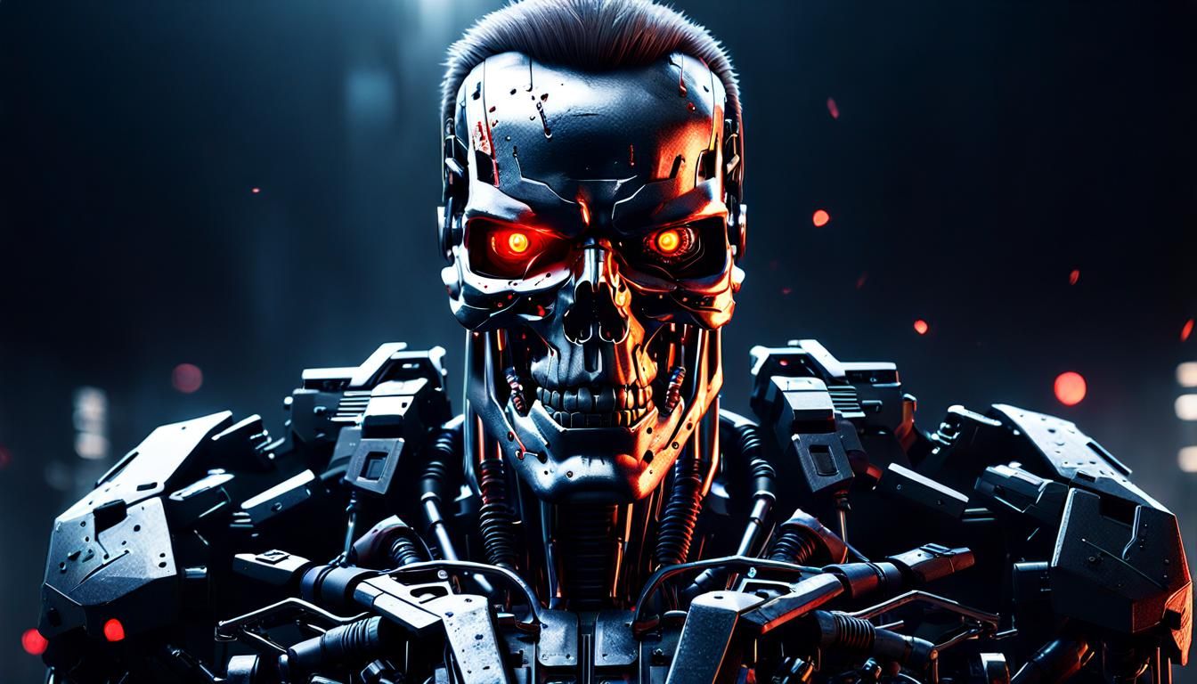 Terminator Endoskeleton with Red Eyes in 3D Rendering
