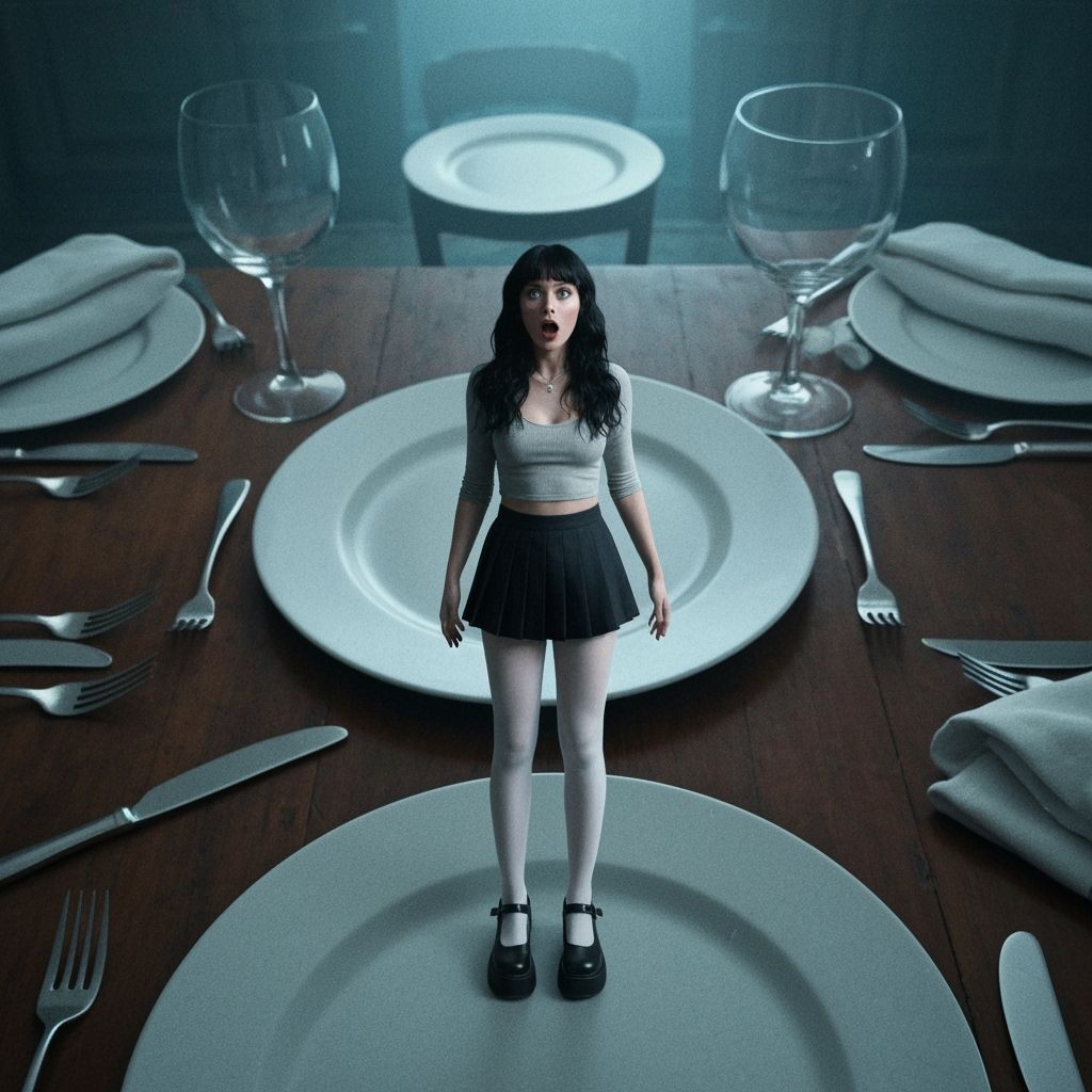 Miniature Woman on Colossal Table, Cinematic Still