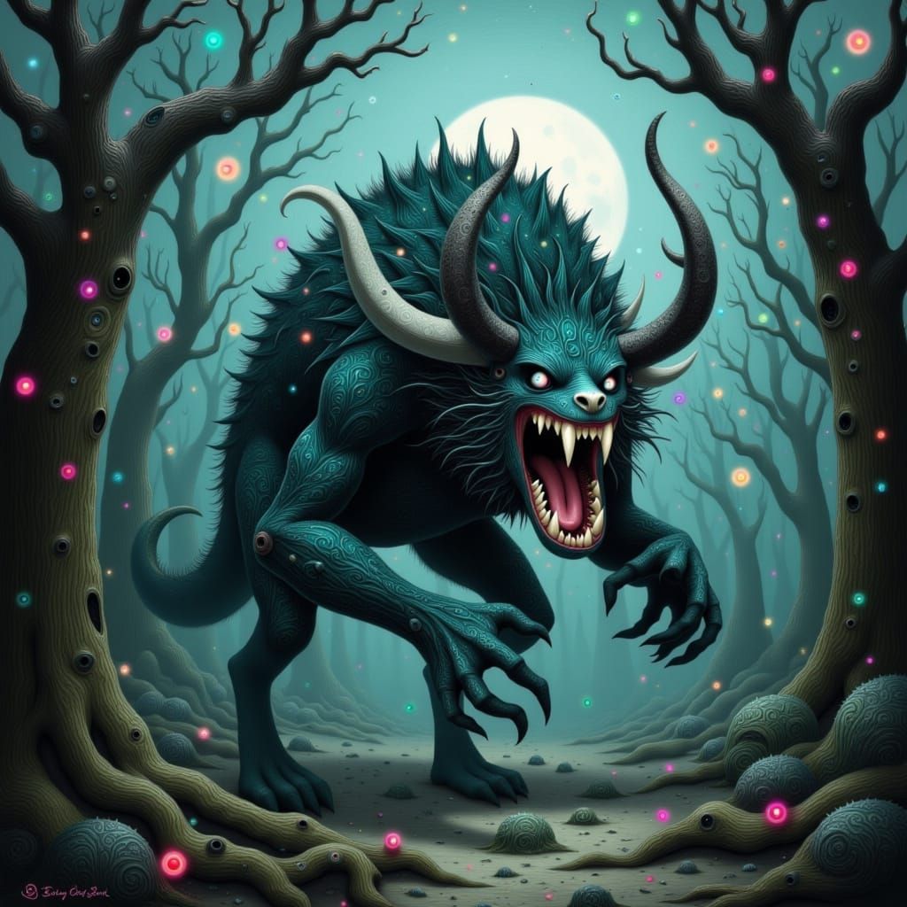 Rhinelander Hodag in Misty Forest, Digital Painting