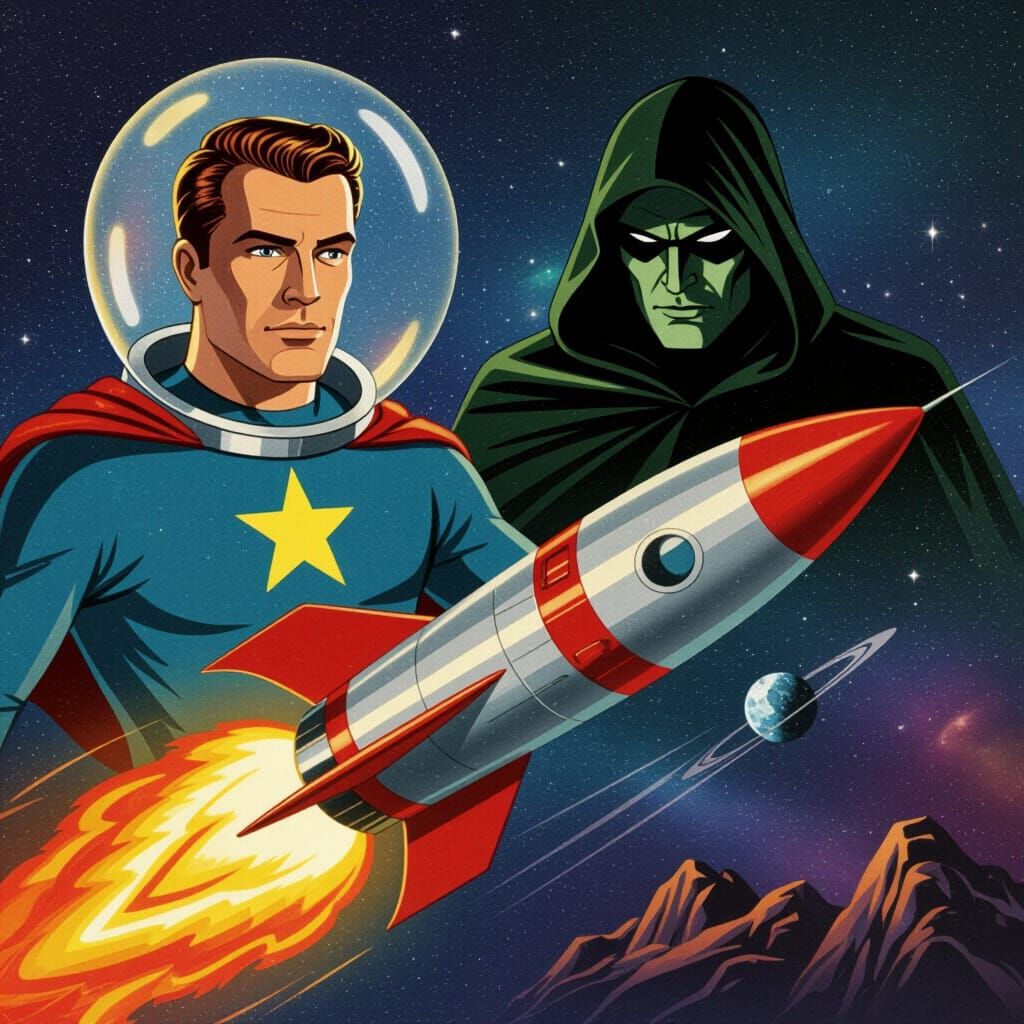 Retro Sci-Fi Poster with Space Hero, Astral Cosmic Style