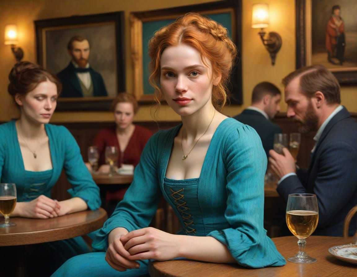 Cozy French Pub Scene with Redhaired Woman in Turquoise Dres...