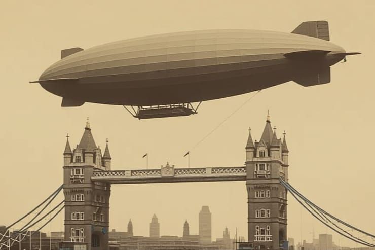 Zeppelin Over London Bridge: Classic Sepia Photograph