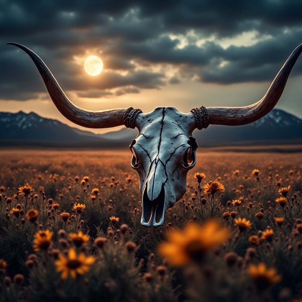 Epic Longhorn Skull in Moonlit Field, Oil Painting Style