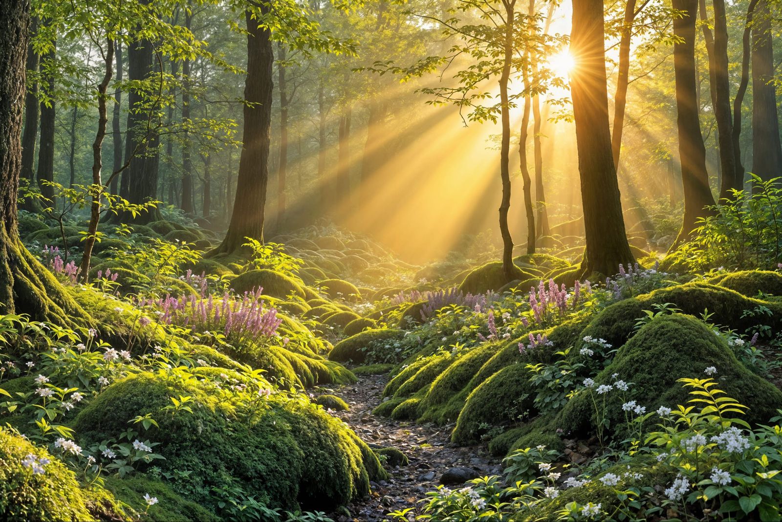 Vibrant Forest Awakening in Golden Morning Light
