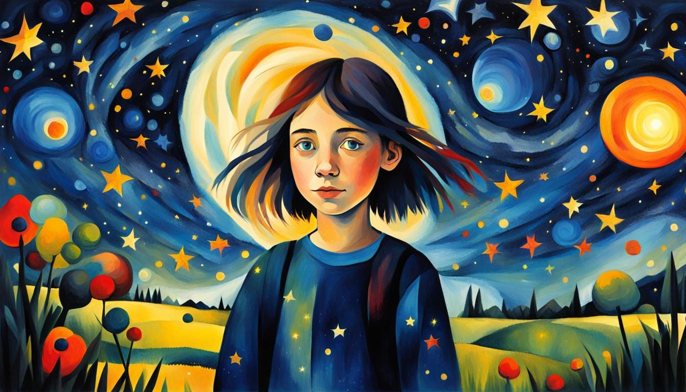 Teenage Girl Under Starry Sky in August Macke Style
