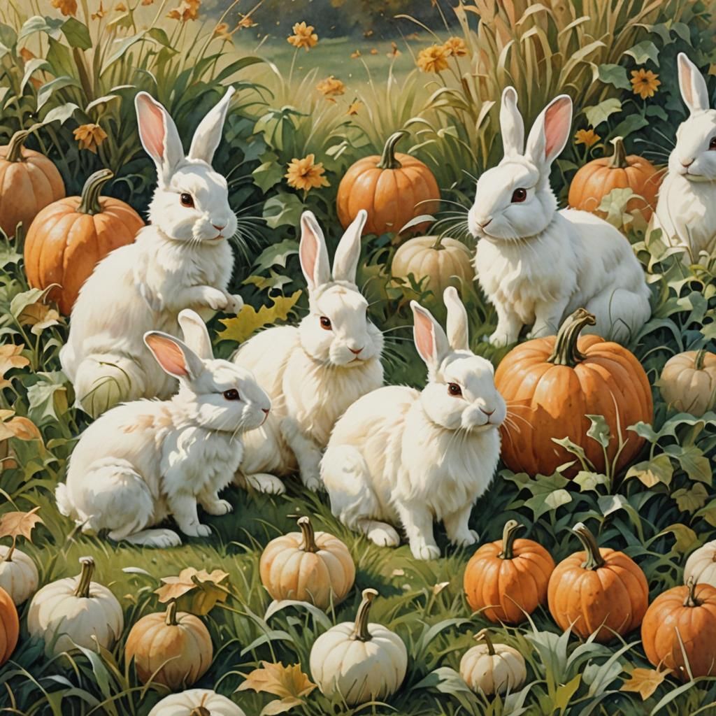 Bunnies Playing with Pumpkins, Victorian Watercolor Style