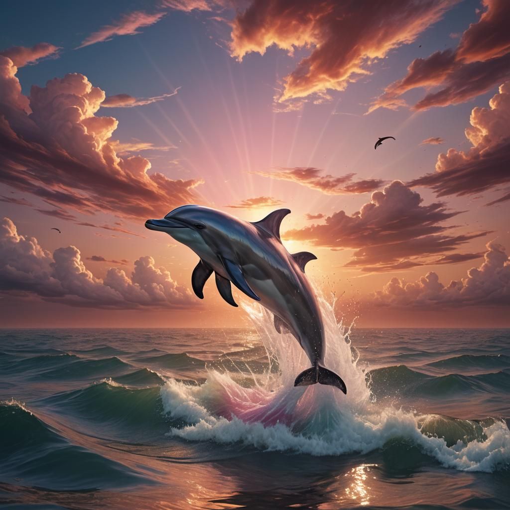 Fantasy Dolphin Leaps at Sunset: Detailed Matte Painting