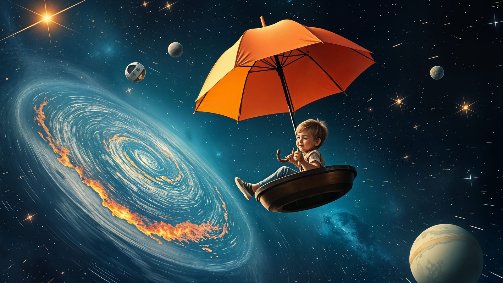 Child Sailing Cosmic Storm in Upturned Umbrella