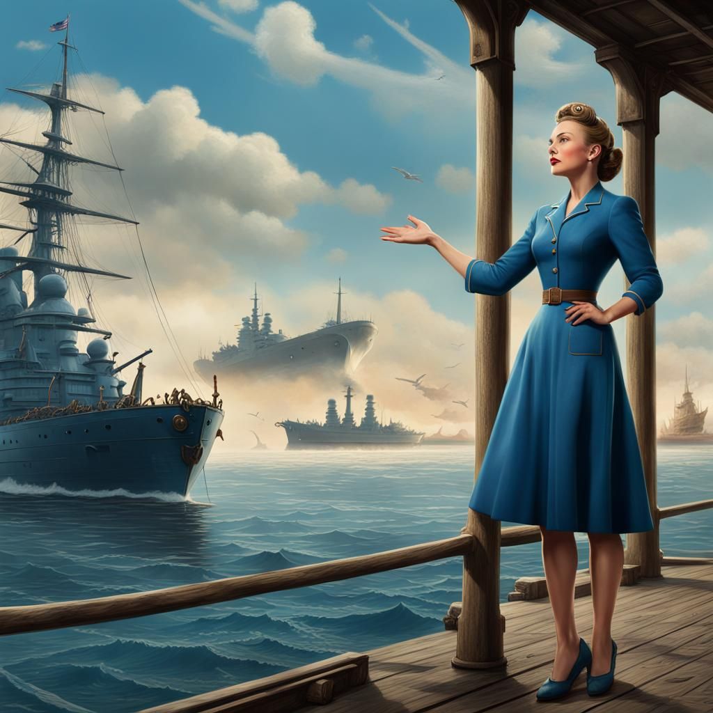 1940s Woman Waving Goodbye to Ship: Matte Painting