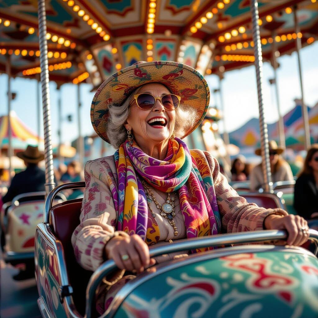 Joyful Woman Rides Carnival in Futuristic Style
