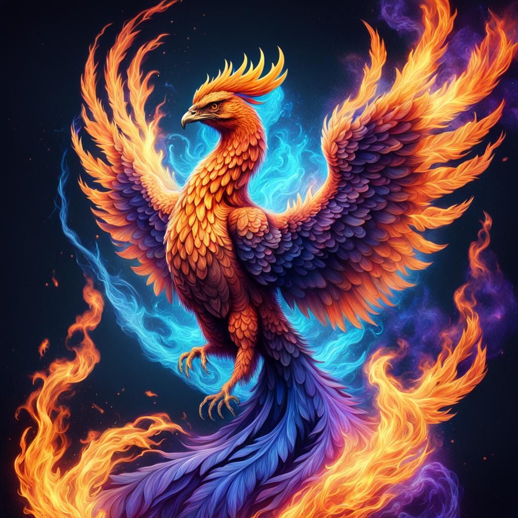 Magical Phoenix Rising from Ashes in Flames