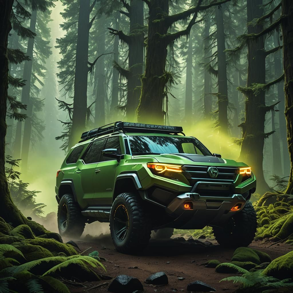 Rugged SUV Through Mystical Forest, Syd Mead Style