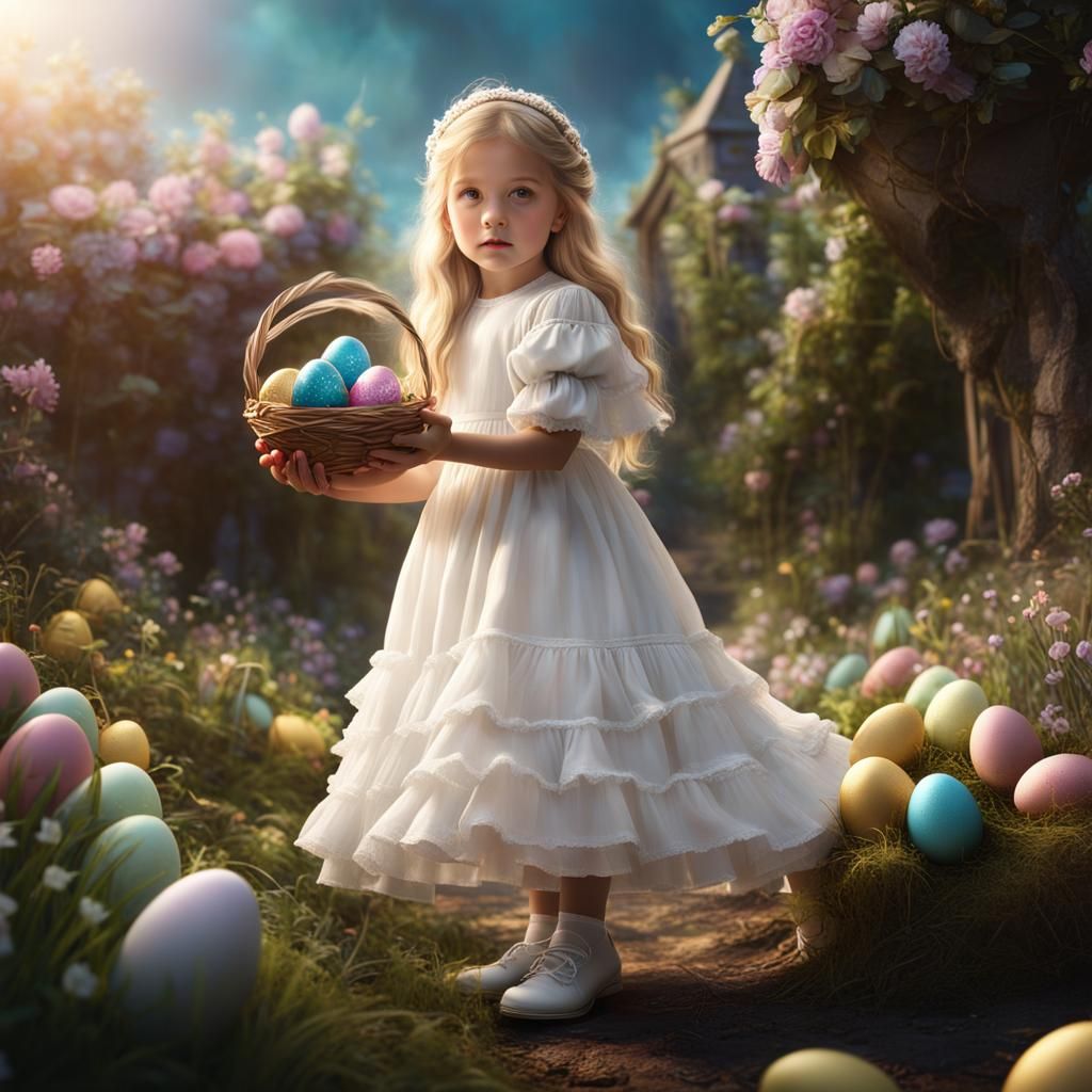 Blonde Girl in White Dress Holding Easter Egg