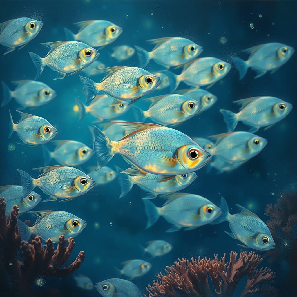 Glowing School of Fish in Bioluminescent Coral Reef